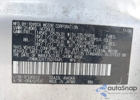 2007 Toyota Rav4 Sport V6 z USA, uszkodzony, nr VIN JTMBK32V775019445